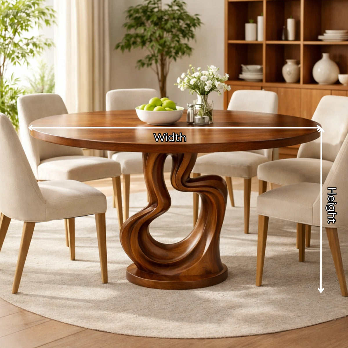 Round Solid Wood Dining Table with Sculptural Twisted Pedestal Base
