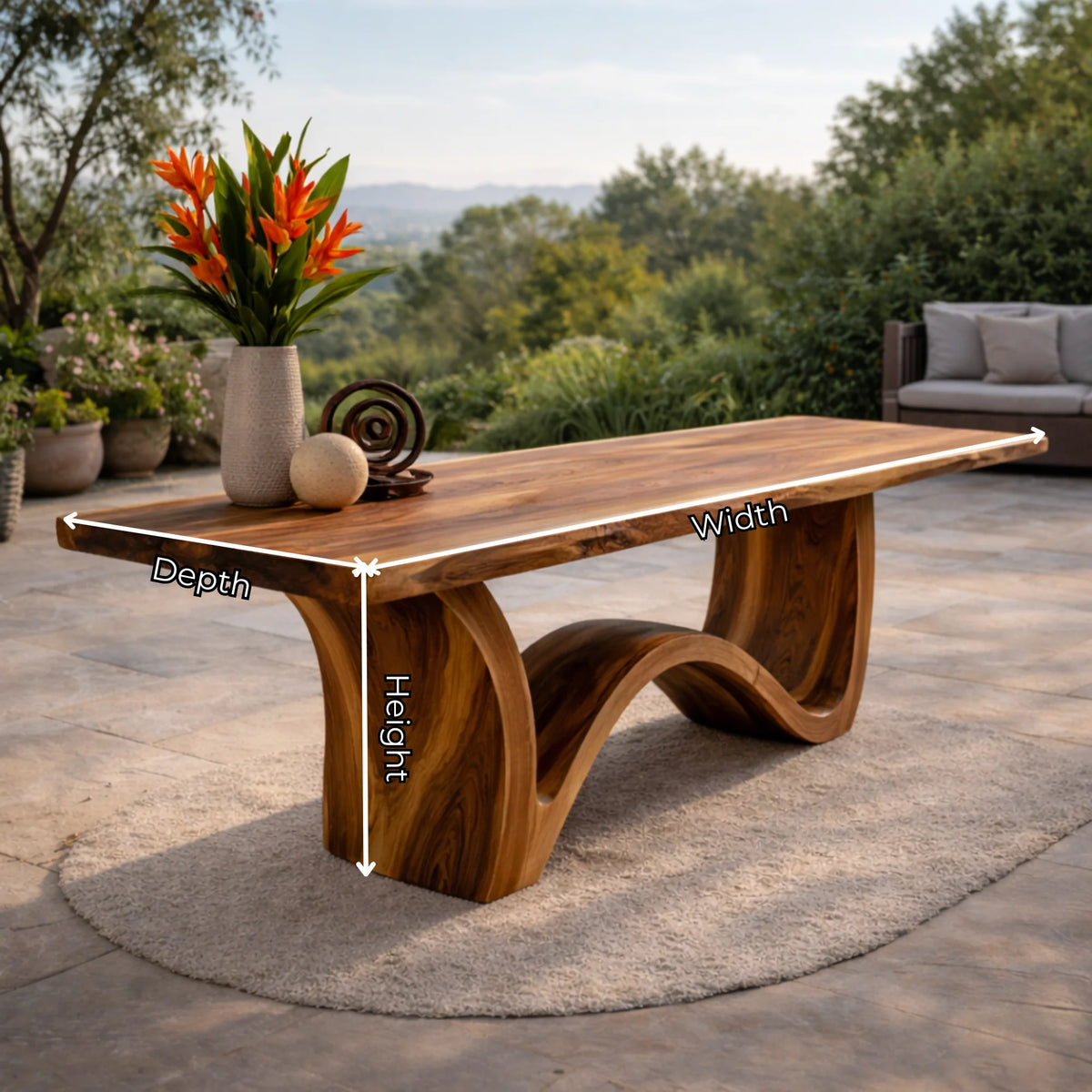 Live Edge Solid Wood Dining Table with Sculptural Curved Base