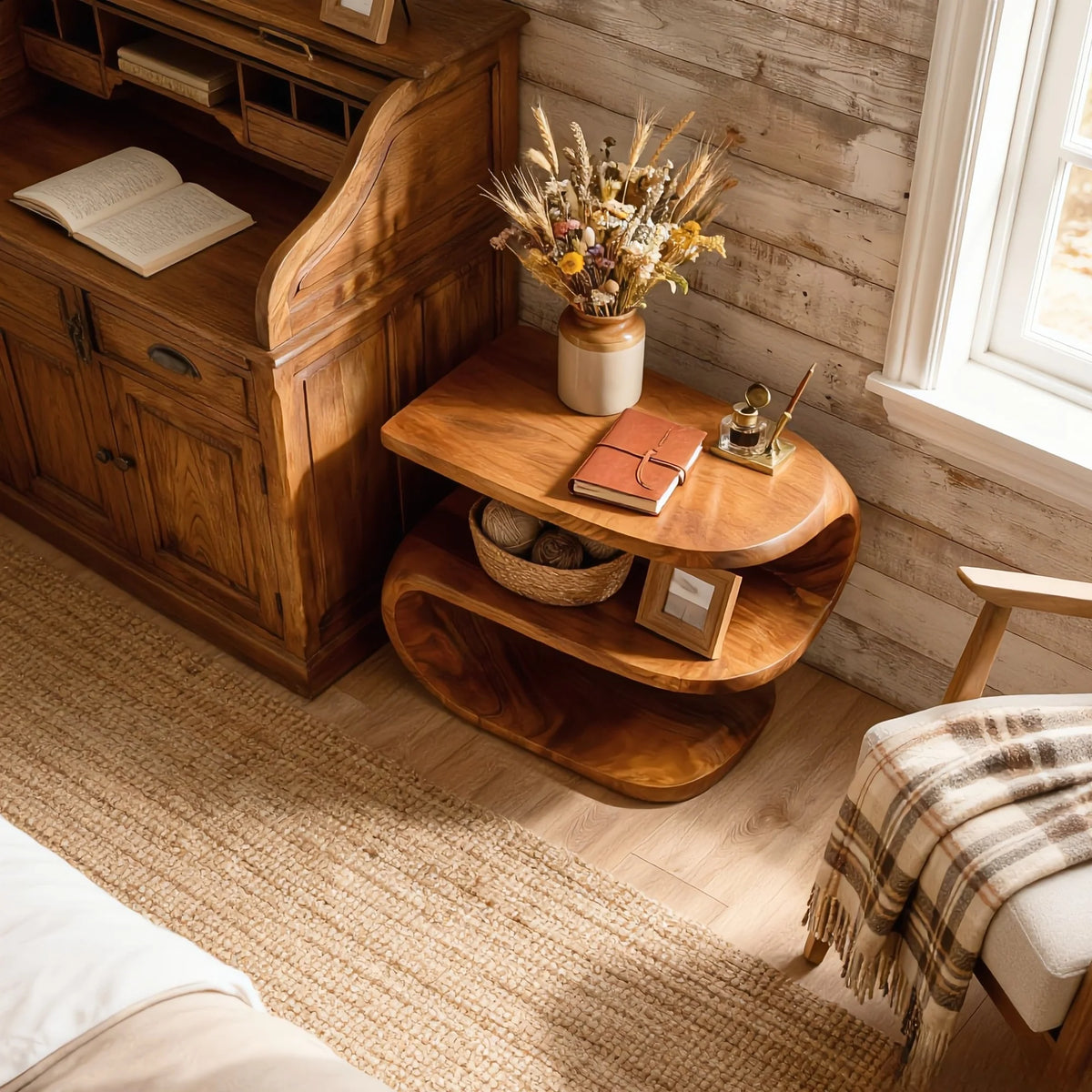 Handcrafted Solid Wood Sculptural Nightstand with Open Shelf Storage