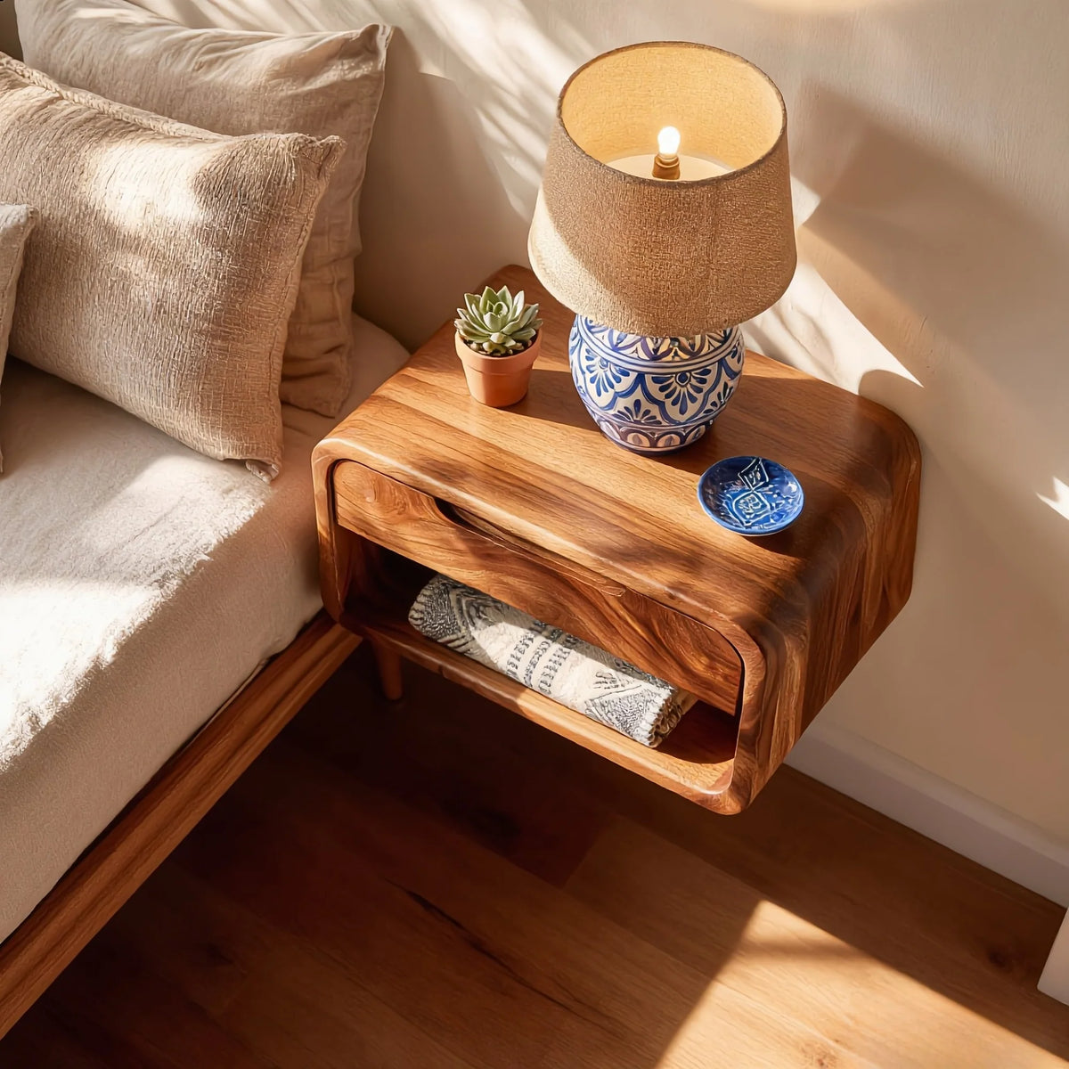 Handcrafted Solid Wood Floating Nightstand with Drawer and Open Shelf Storage