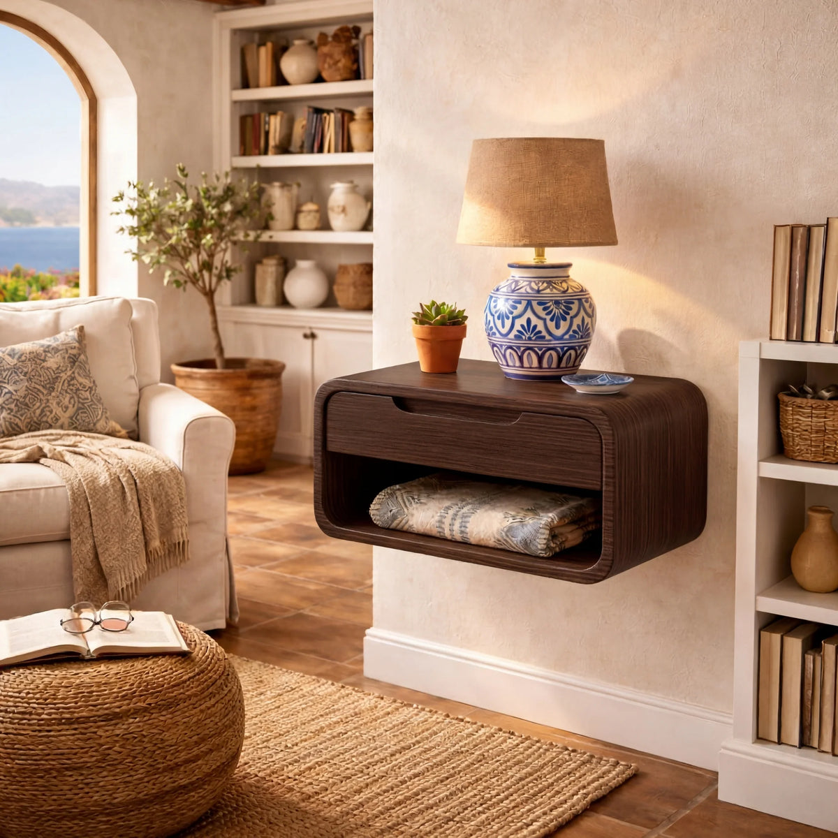 Handcrafted Solid Wood Floating Nightstand with Drawer and Open Shelf Storage