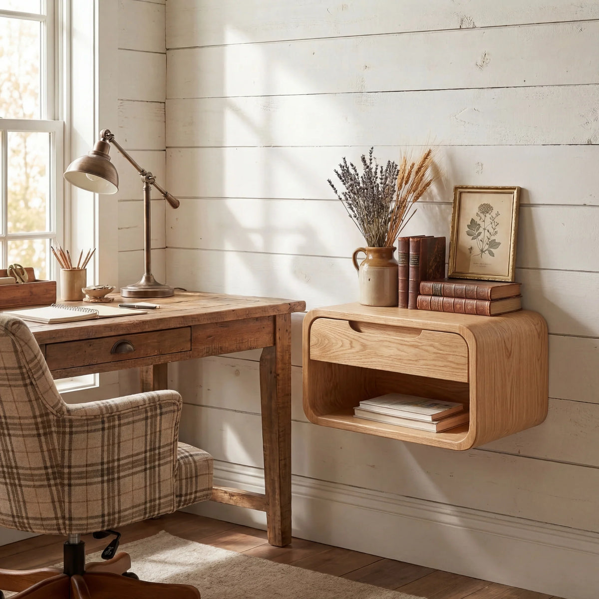 Handcrafted Solid Wood Floating Nightstand with Drawer and Open Shelf Storage