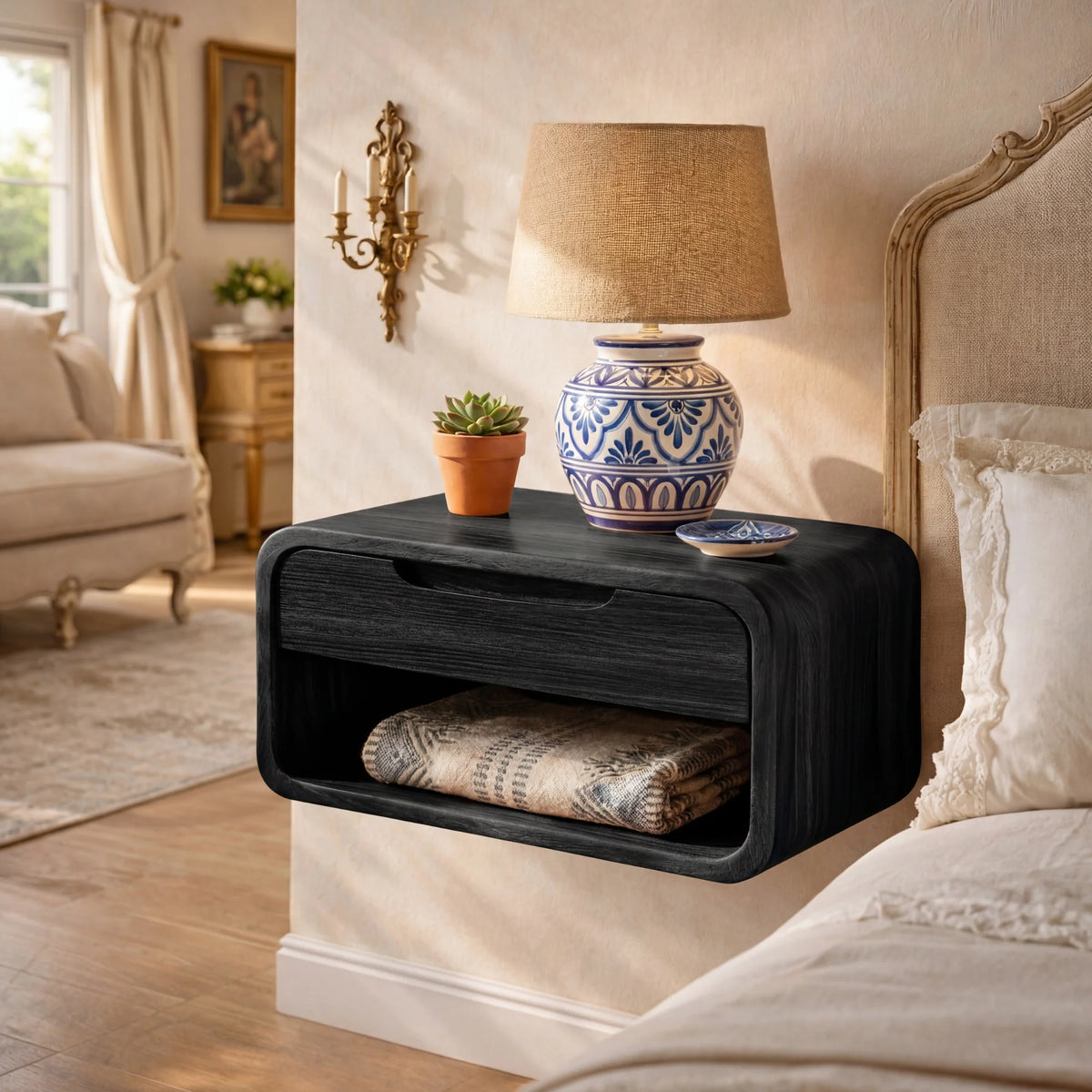 Handcrafted Solid Wood Floating Nightstand with Drawer and Open Shelf Storage