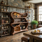 Solid Wood Bar Cabinet with Sculptural Open Shelves for Living Room