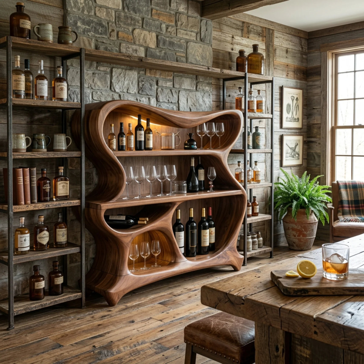 Solid Wood Bar Cabinet with Sculptural Open Shelves for Living Room