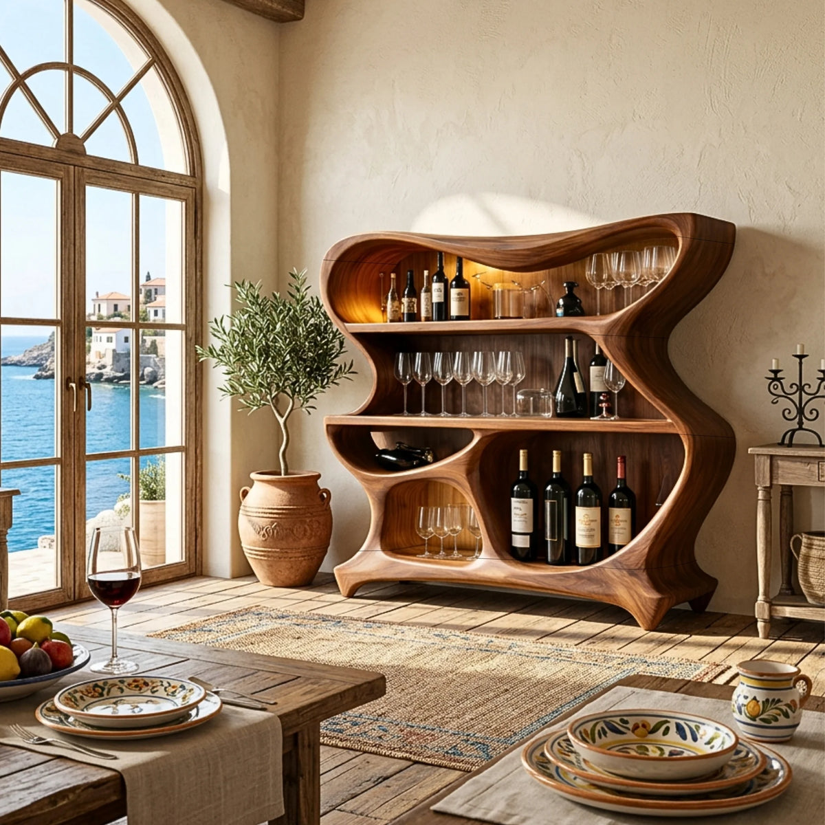 Solid Wood Bar Cabinet with Sculptural Open Shelves for Living Room