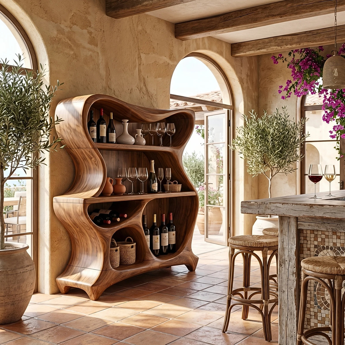 Solid Wood Bar Cabinet with Sculptural Open Shelves for Living Room