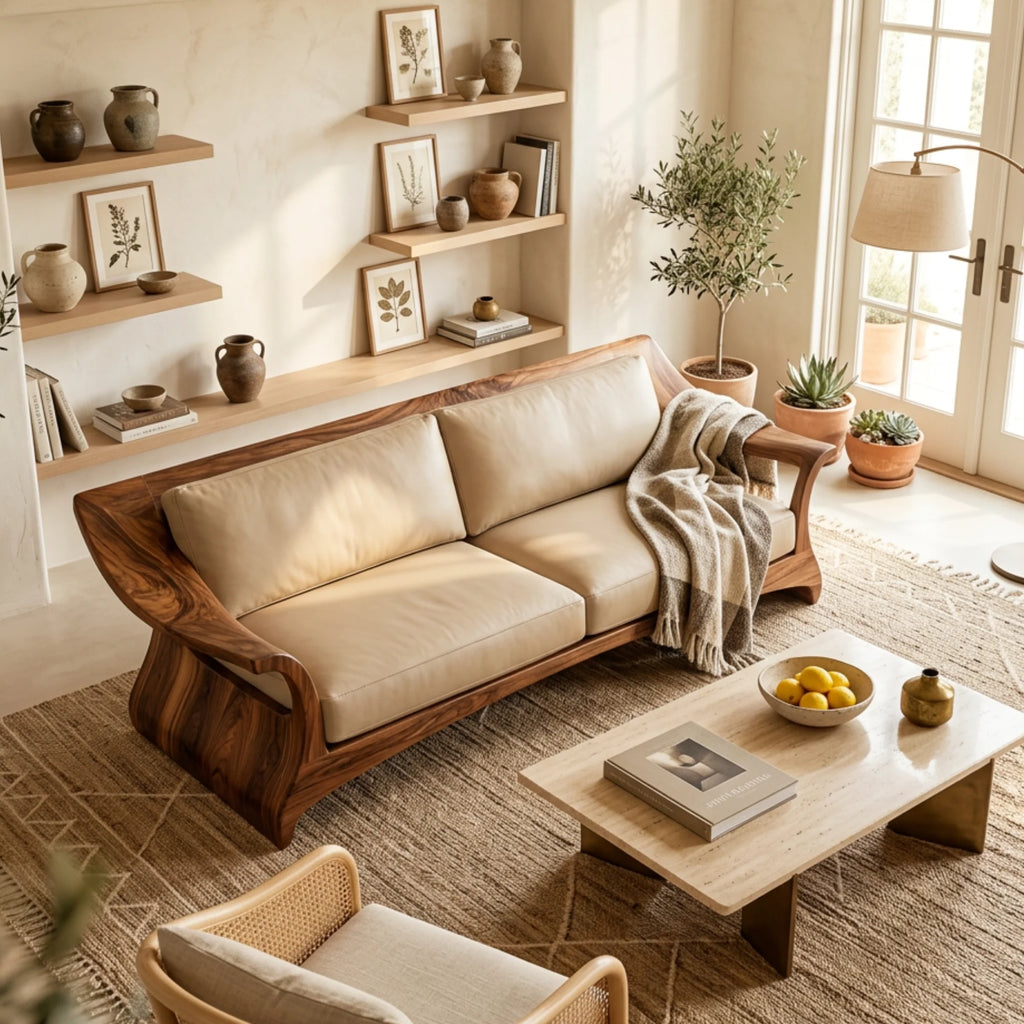 Sculptural Solid Wood Sofa Frame with Artistic Arms