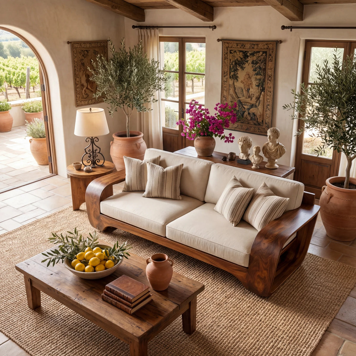 Sculptural Solid Wood Sofa with Curved Loop Arms