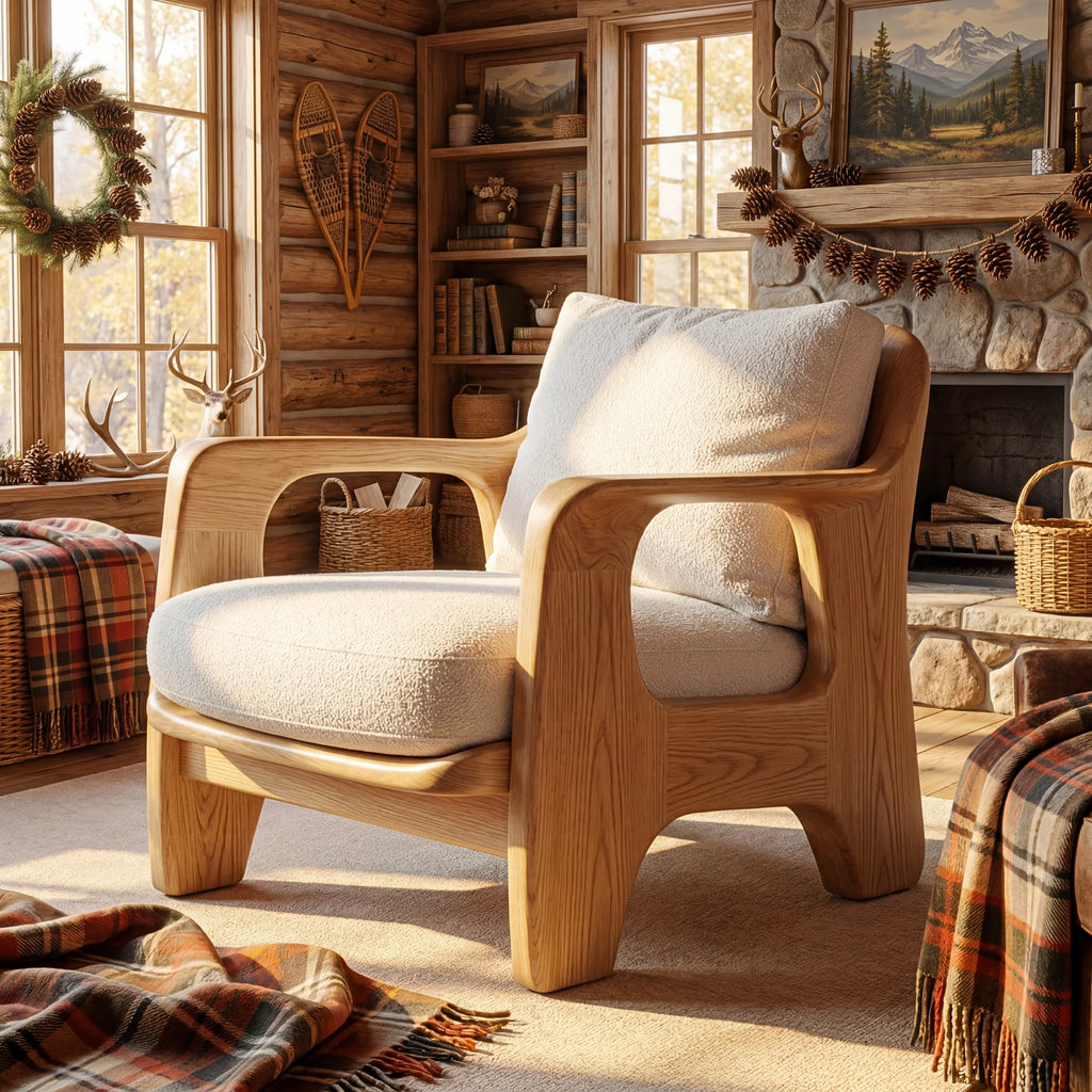 Sculptural Solid Wood Accent Chair with Rounded Armrests