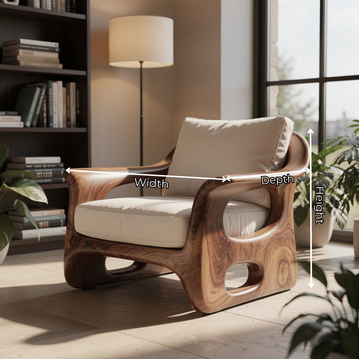 Organic Sculpted Solid Wood Armchair with Openwork Side Panels