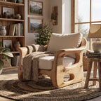 Organic Sculpted Solid Wood Armchair with Openwork Side Panels