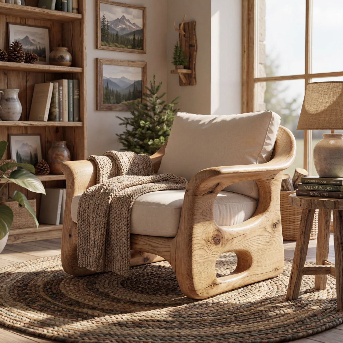 Organic Sculpted Solid Wood Armchair with Openwork Side Panels