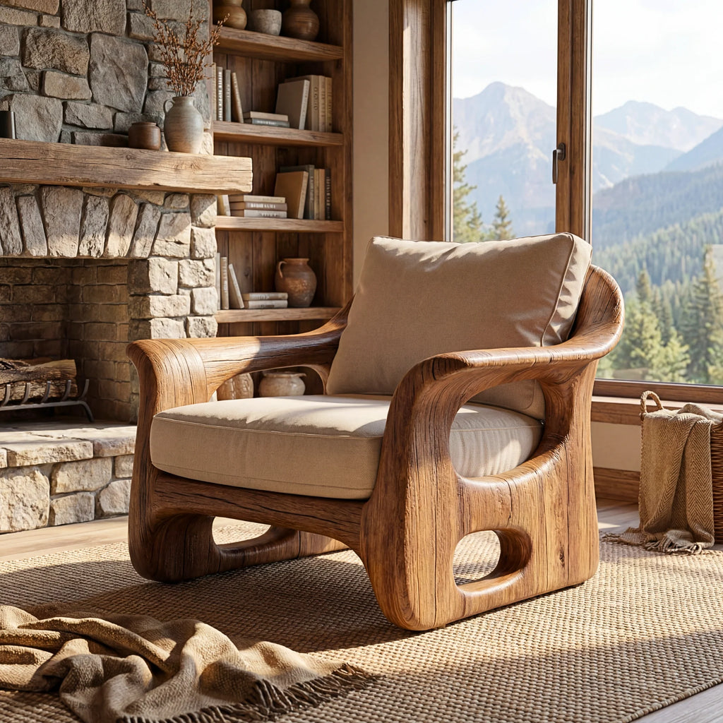 Organic Sculpted Solid Wood Armchair with Openwork Side Panels