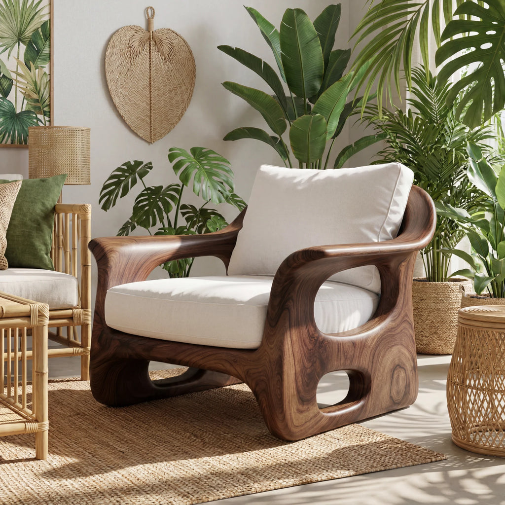 Organic Sculpted Solid Wood Armchair with Openwork Side Panels