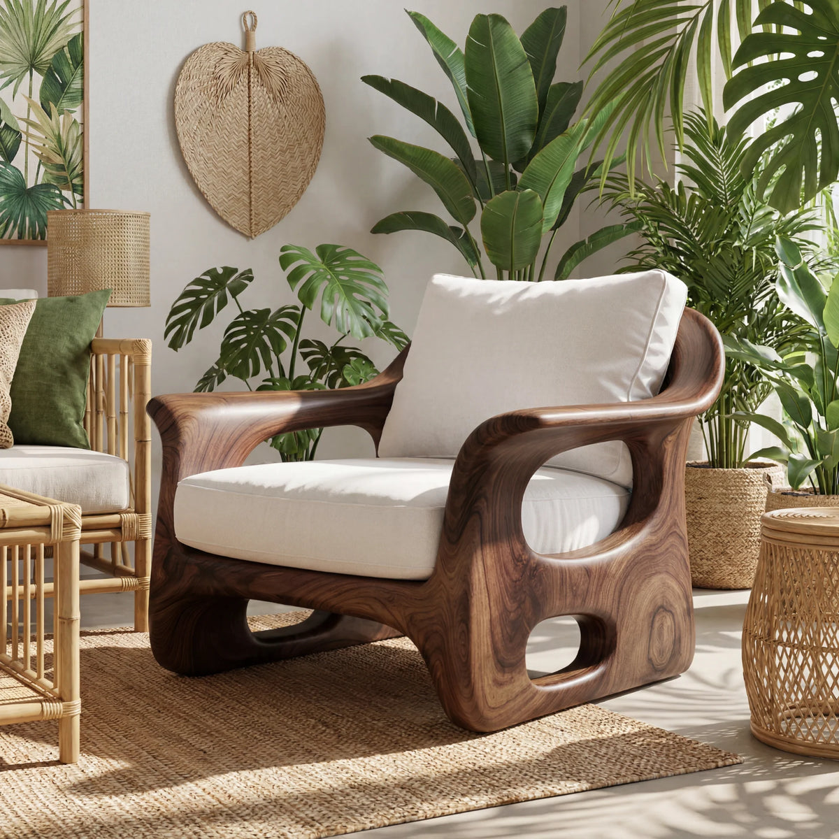 Organic Sculpted Solid Wood Armchair with Openwork Side Panels