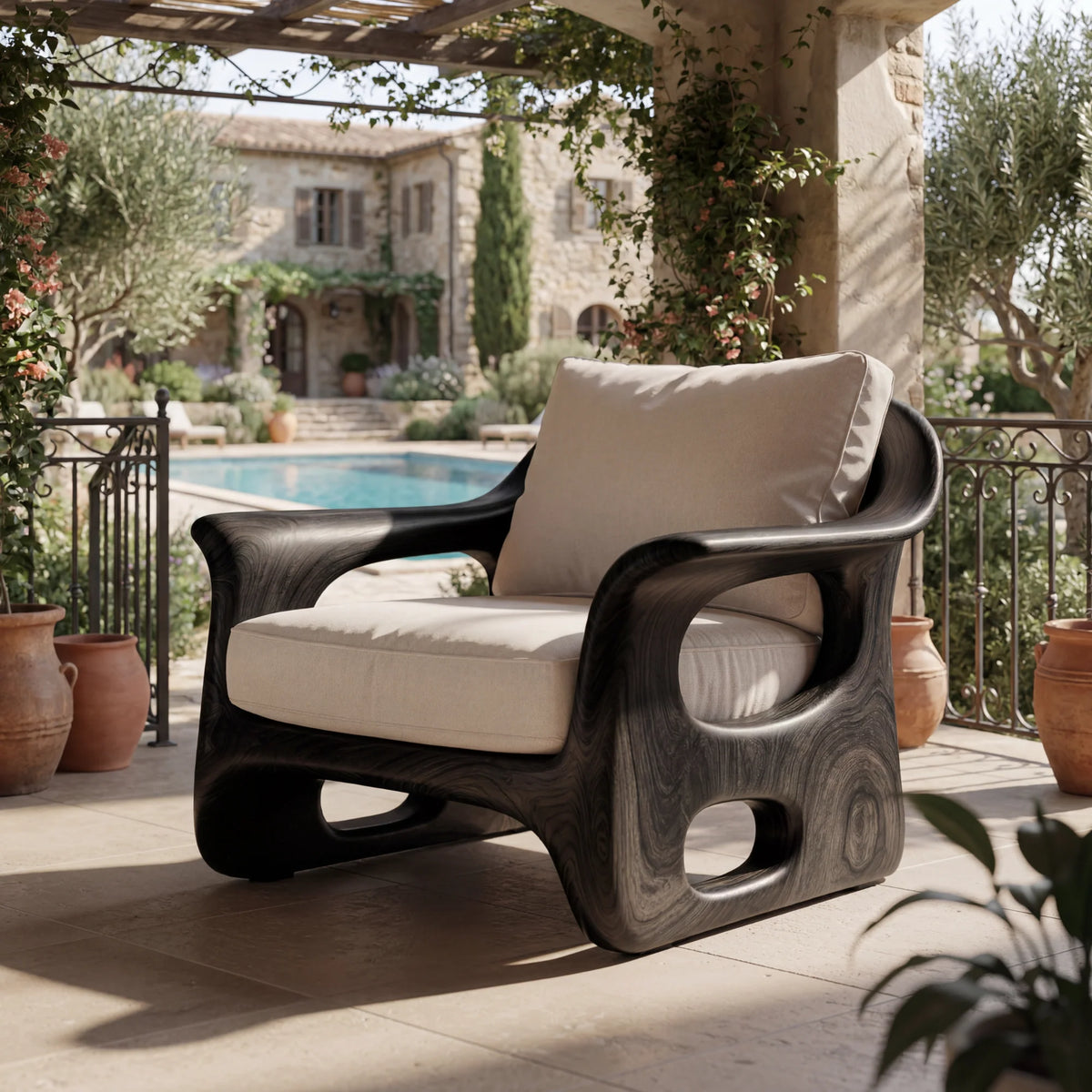 Organic Sculpted Solid Wood Armchair with Openwork Side Panels