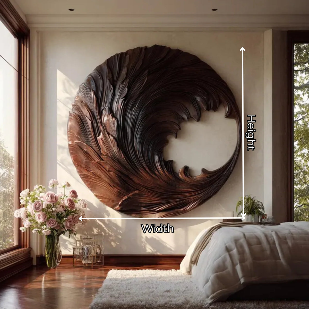 Round Solid Wood Wall Sculpture with Flowing Wave Design for Living Room Decor
