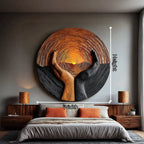 Solid Wood Wall Sculpture with Protective Hands and Rising Sun Relief Design