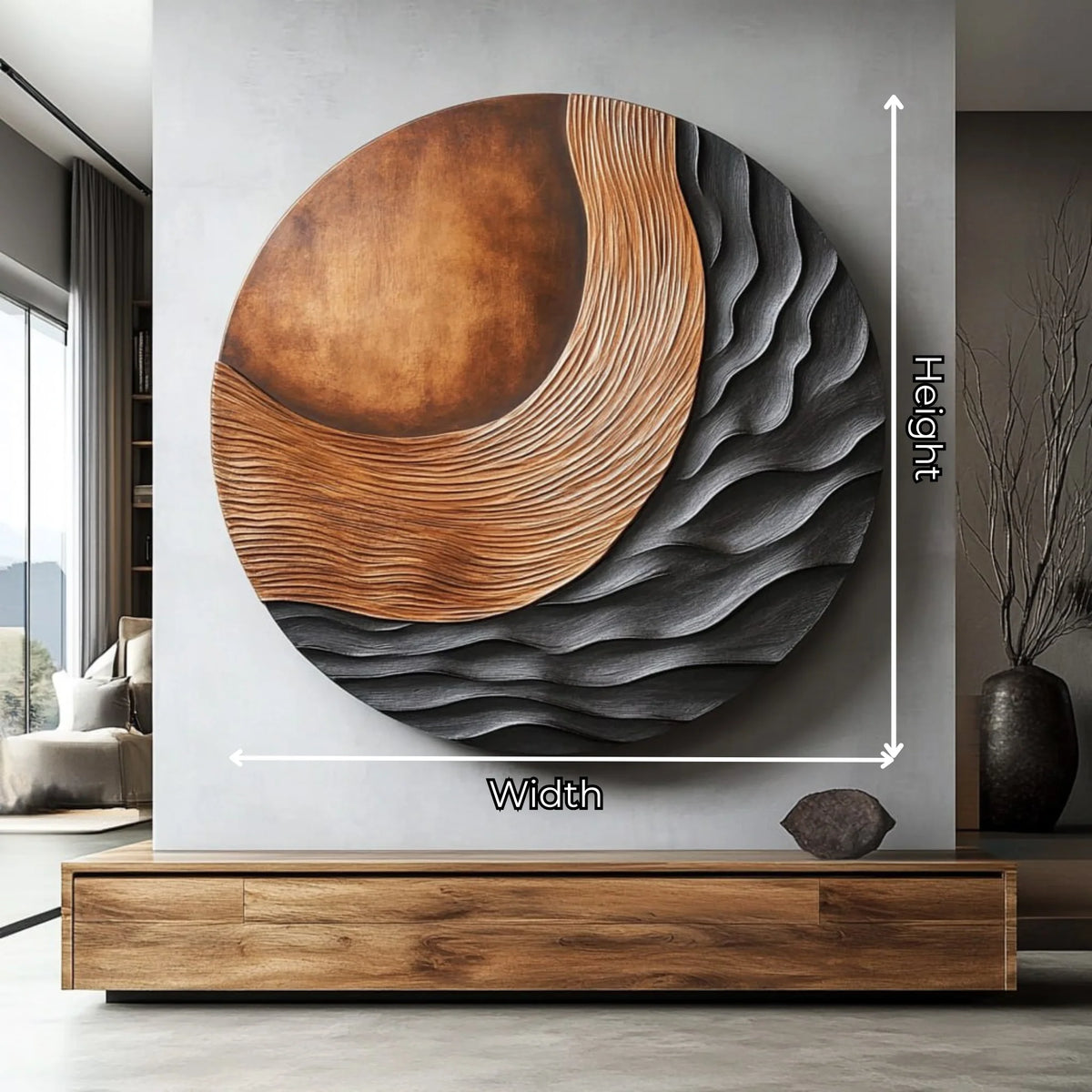 Handcrafted Solid Wood Wall Sculpture with Circular Relief and Flowing Wave Design