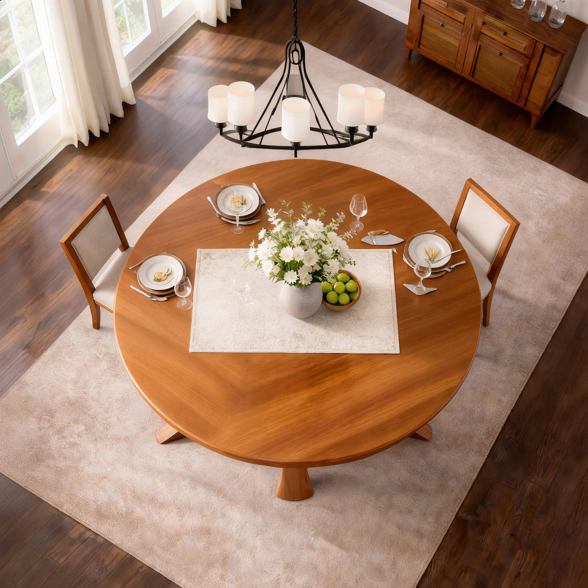 Large Round Solid Wood Dining Table with Sculptural Pedestal Base