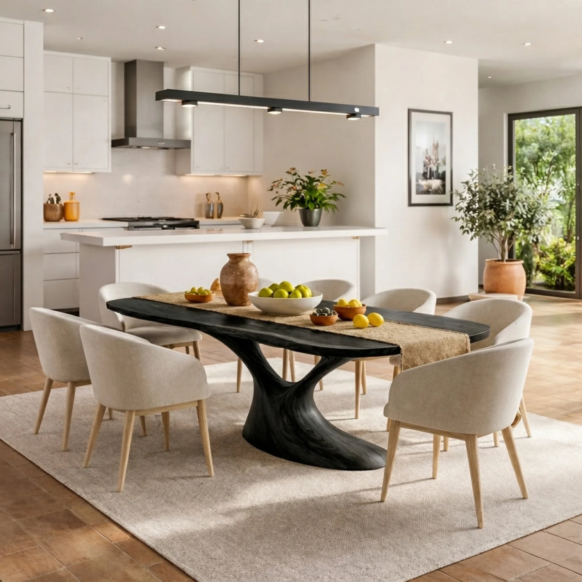Organic Solid Wood Dining Table with Sculptural Flowing Base