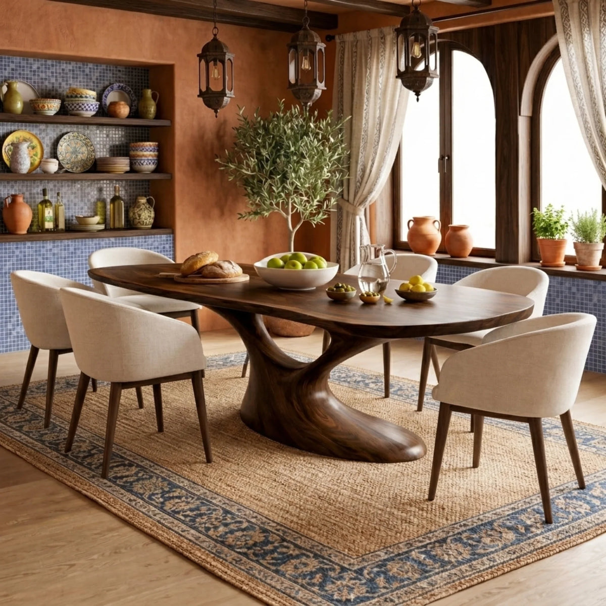 Organic Solid Wood Dining Table with Sculptural Flowing Base