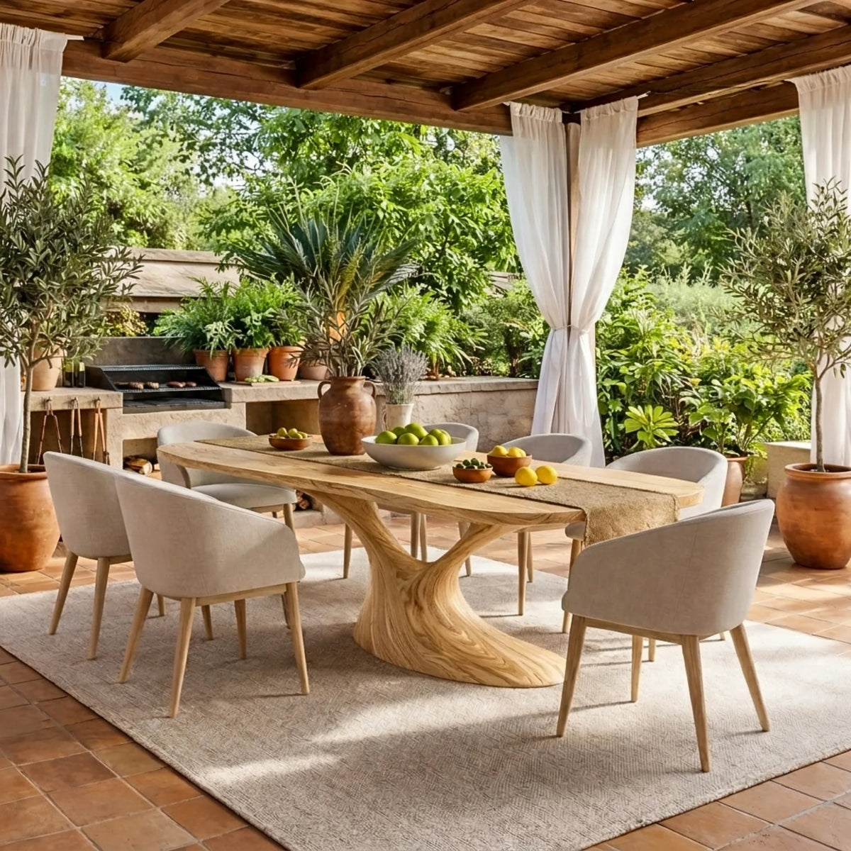 Organic Solid Wood Dining Table with Sculptural Flowing Base