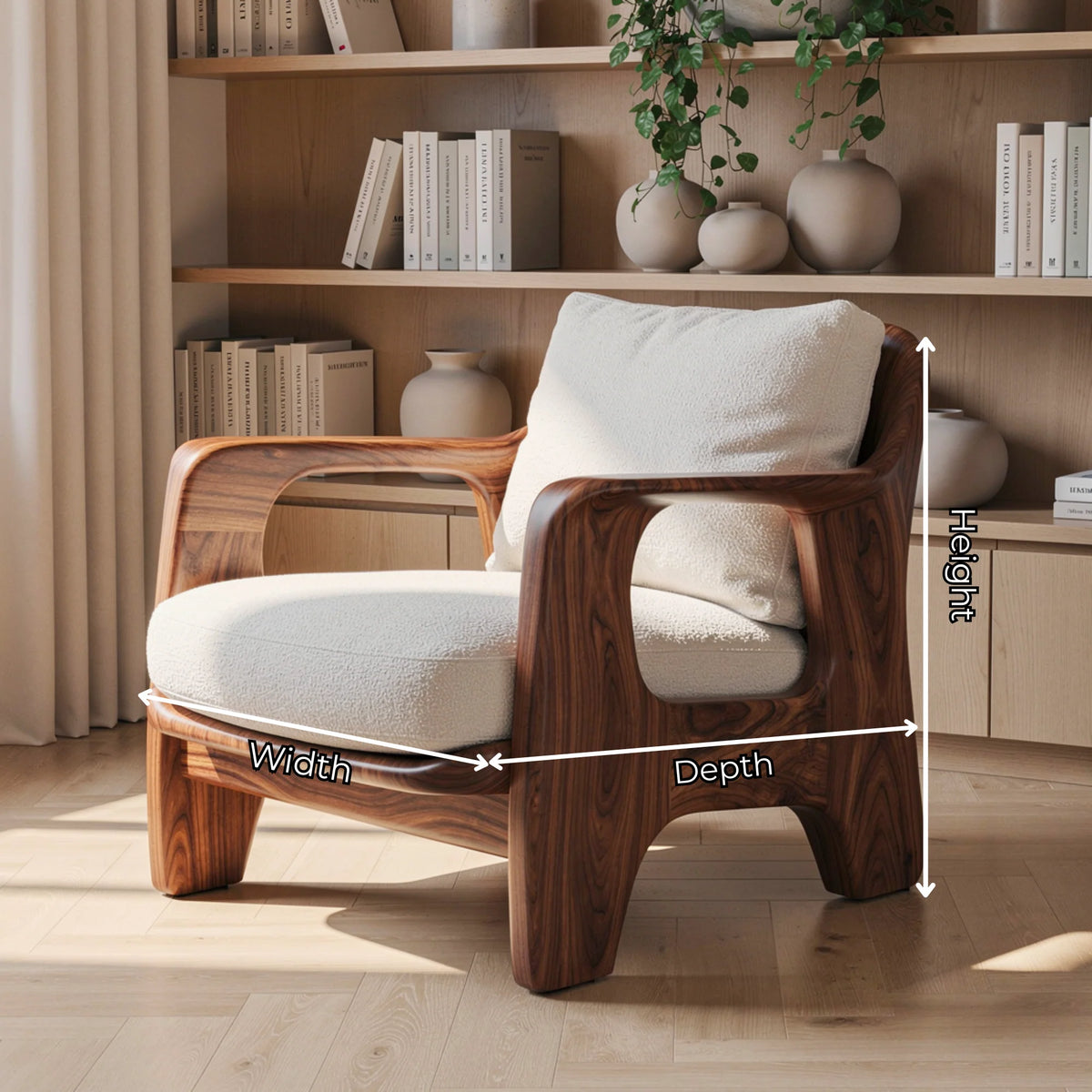 Sculptural Solid Wood Accent Chair with Rounded Armrests
