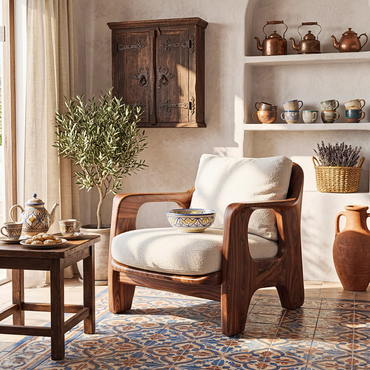 Sculptural Solid Wood Accent Chair with Rounded Armrests