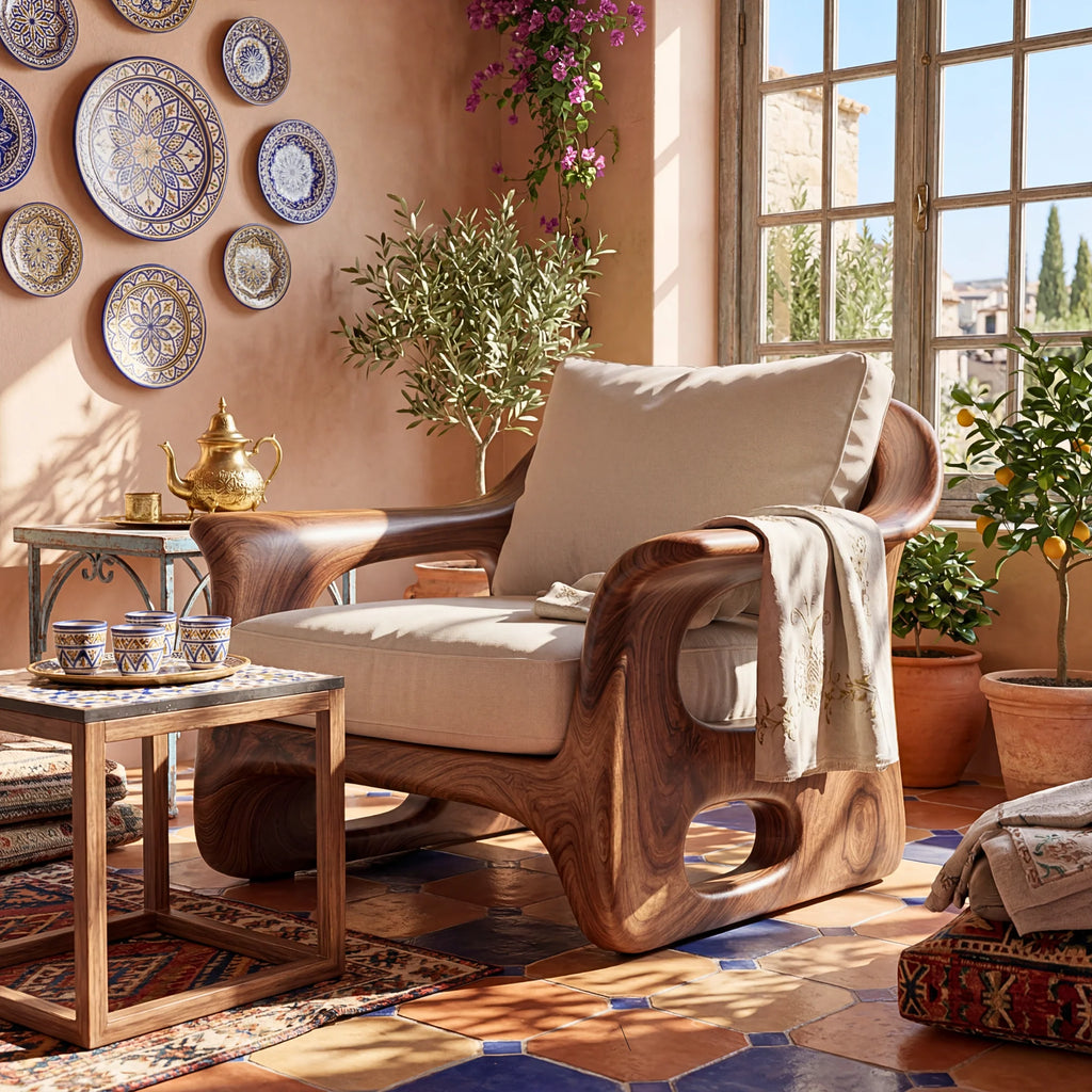 Organic Sculpted Solid Wood Armchair with Openwork Side Panels