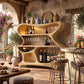 Solid Wood Bar Cabinet with Sculptural Open Shelves for Living Room