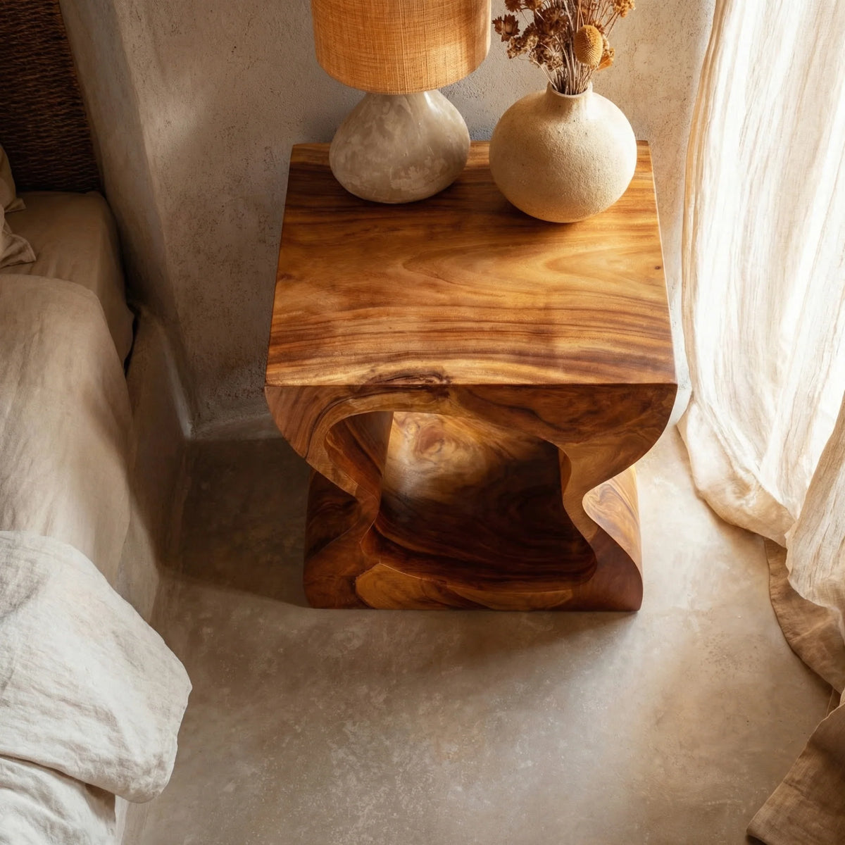 Organic Solid Wood Nightstand with Sculptural Cutout Base for Modern Bedrooms