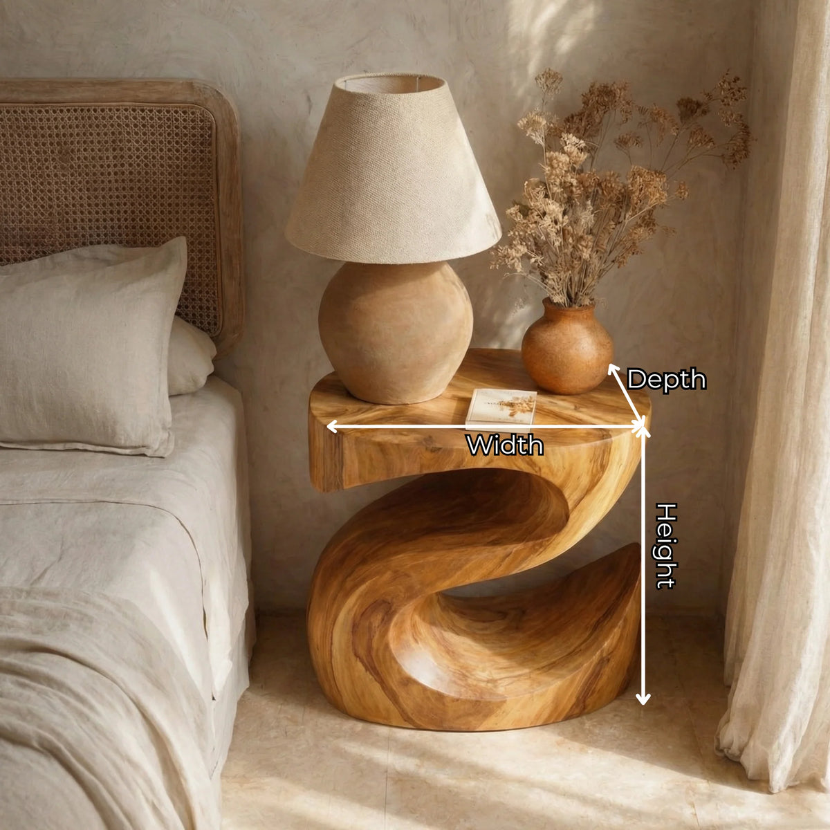 Handcrafted Solid Wood Bedside Table with Sculptural Curved Base
