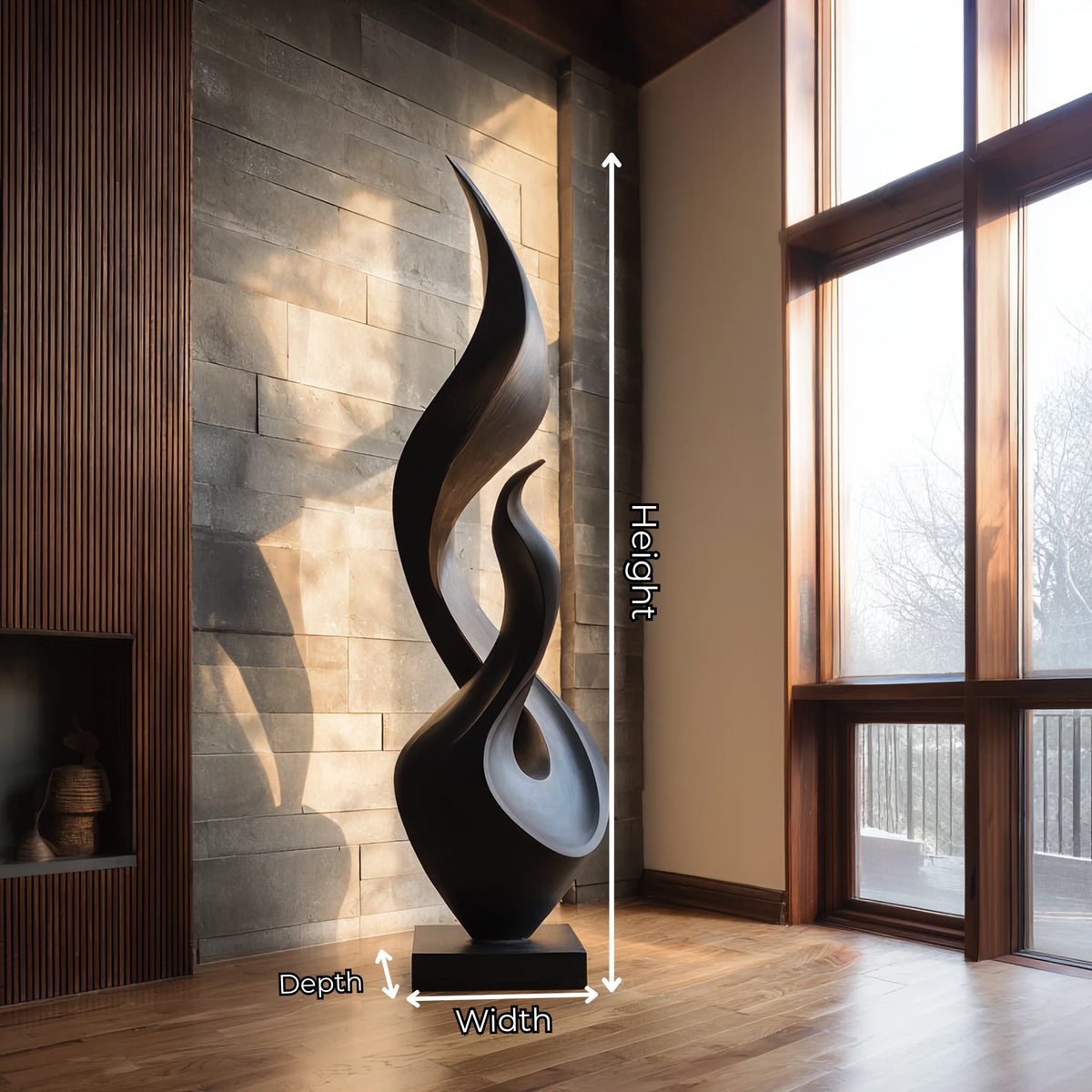 Tall Solid Wood Flame Sculpture – Modern Freestanding Decorative Art for Contemporary Interiors