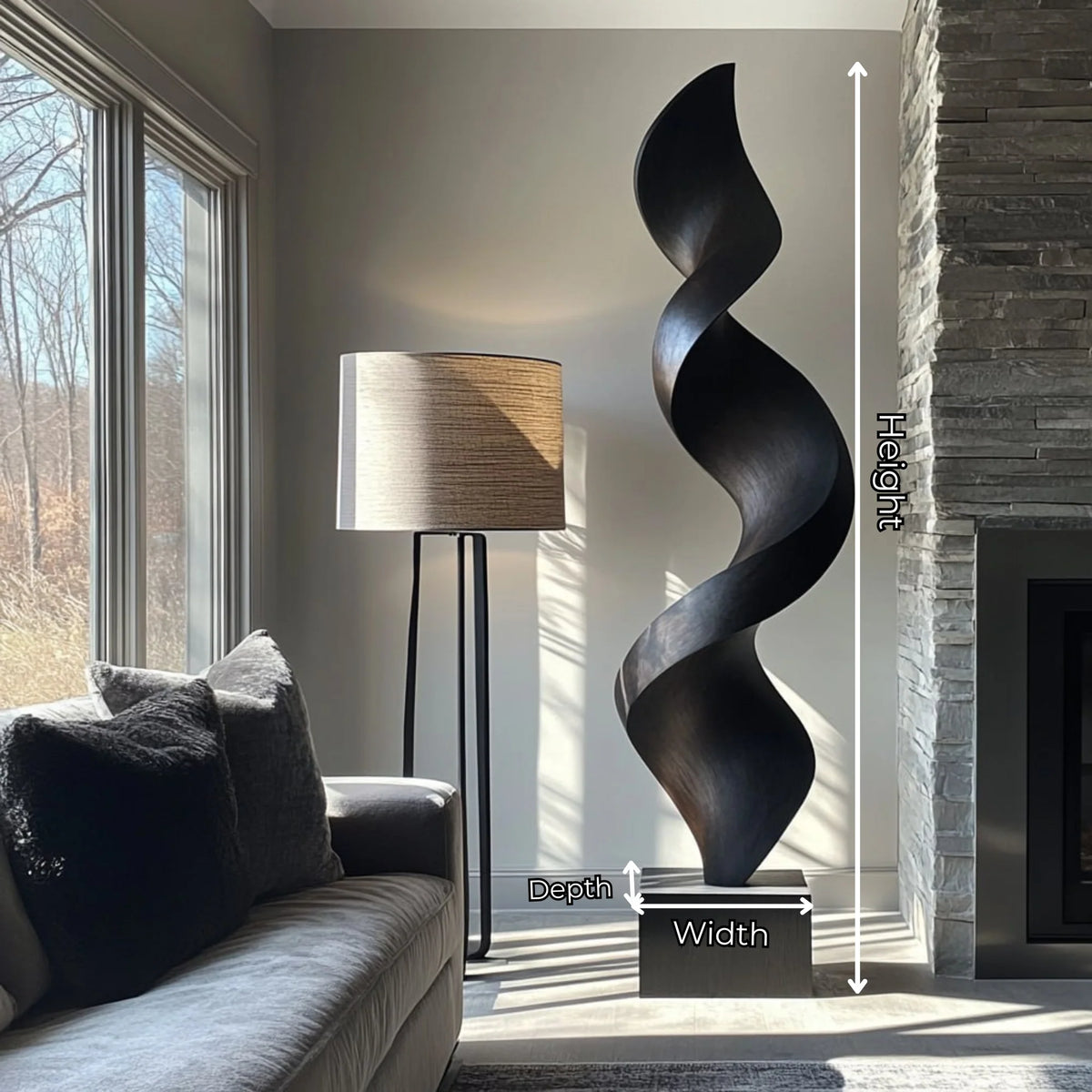 Tall Solid Wood Spiral Floor Sculpture with Plinth Base – Modern Statement Décor for Living Rooms and Contemporary Interiors
