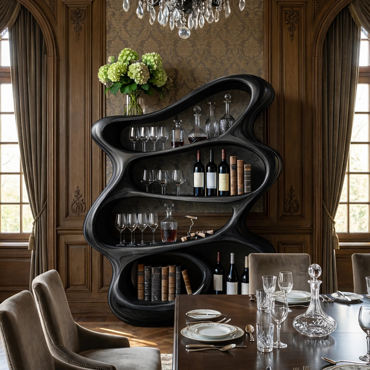 Handcrafted Solid Wood Wine Rack Cabinet with Sculptural Flowing Open Shelves