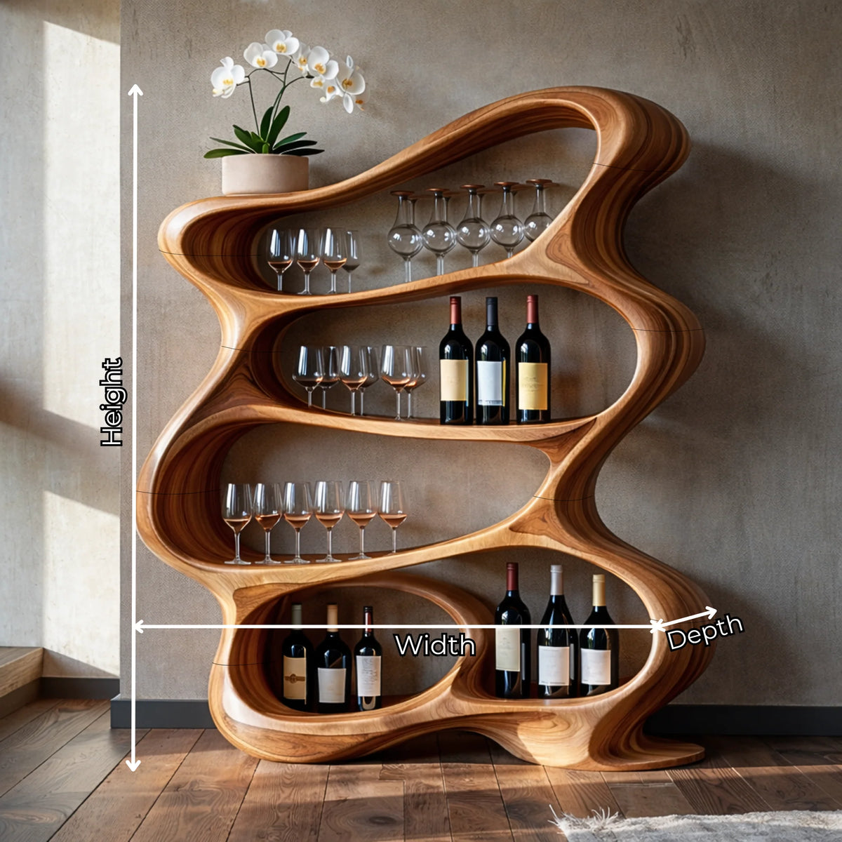 Handcrafted Solid Wood Wine Rack Cabinet with Sculptural Flowing Open Shelves