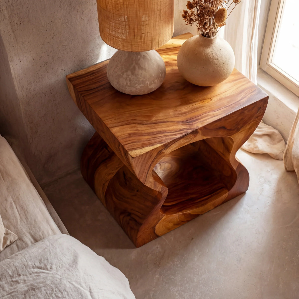 Organic Solid Wood Nightstand with Sculptural Cutout Base for Modern Bedrooms