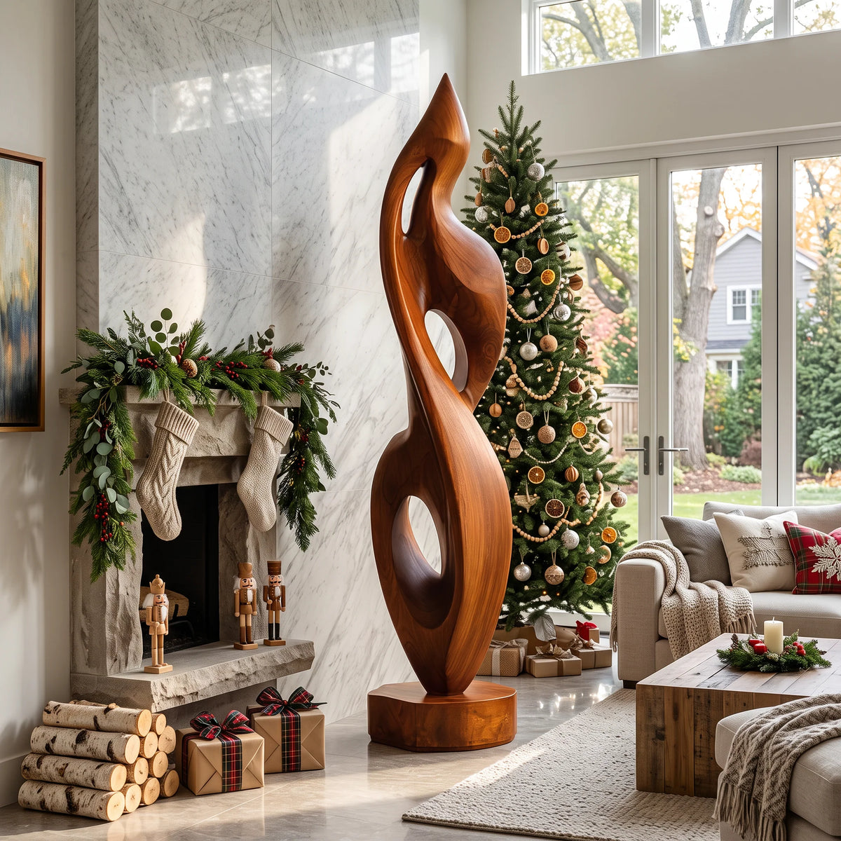 Handcrafted Solid Wood Abstract Floor Sculpture – Contemporary Freestanding Art with Flowing Open Design
