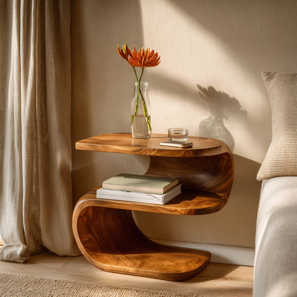 Handcrafted Solid Wood Sculptural Nightstand with Open Shelf Storage
