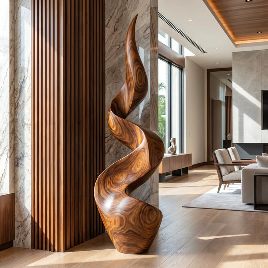 Tall Solid Wood Spiral Floor Sculpture – Contemporary Statement Art for Modern Interiors