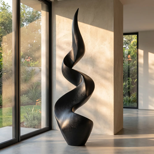 Tall Solid Wood Spiral Floor Sculpture – Contemporary Statement Art for Modern Interiors