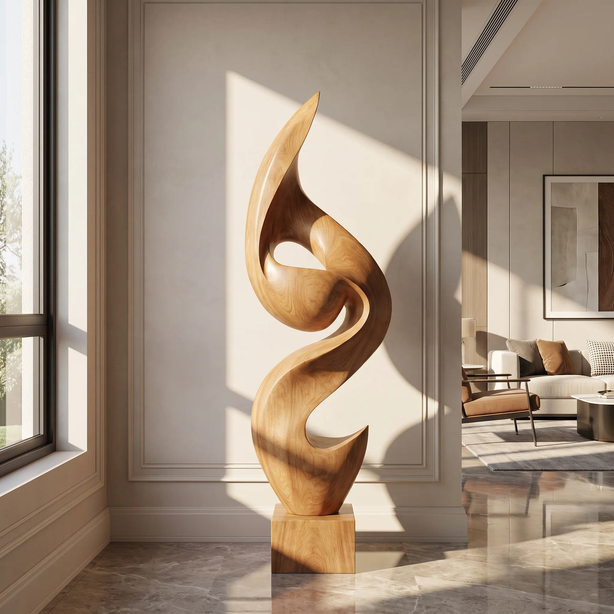 Tall Solid Wood Flowing Curve Floor Sculpture with Plinth Base – Modern Artistic Décor for Contemporary Interiors