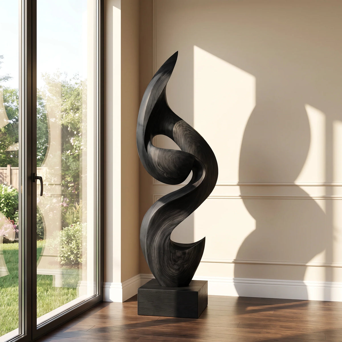 Tall Solid Wood Flowing Curve Floor Sculpture with Plinth Base – Modern Artistic Décor for Contemporary Interiors
