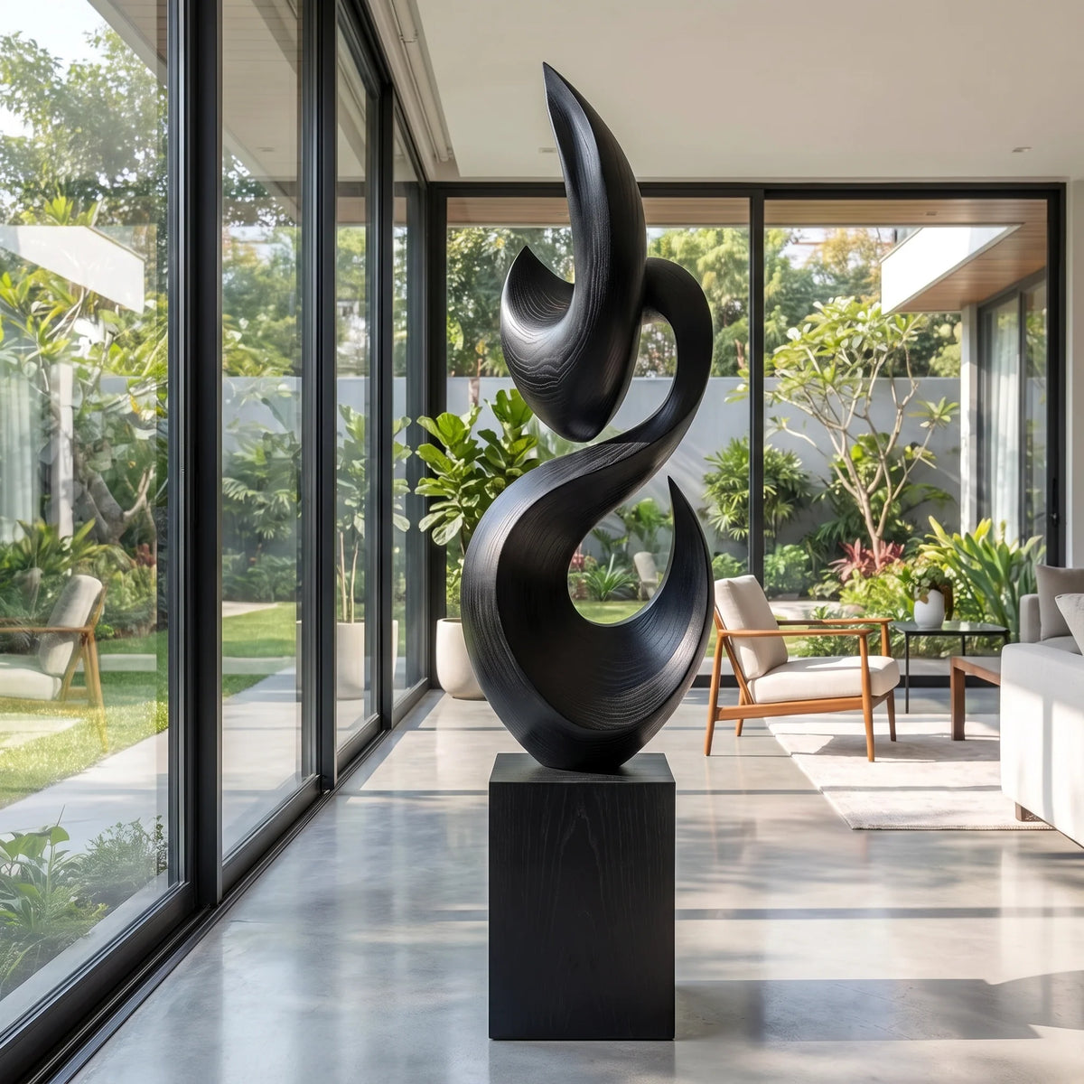 Tall Solid Wood Flame Floor Sculpture with Plinth Base – Modern Living Room Statement Décor
