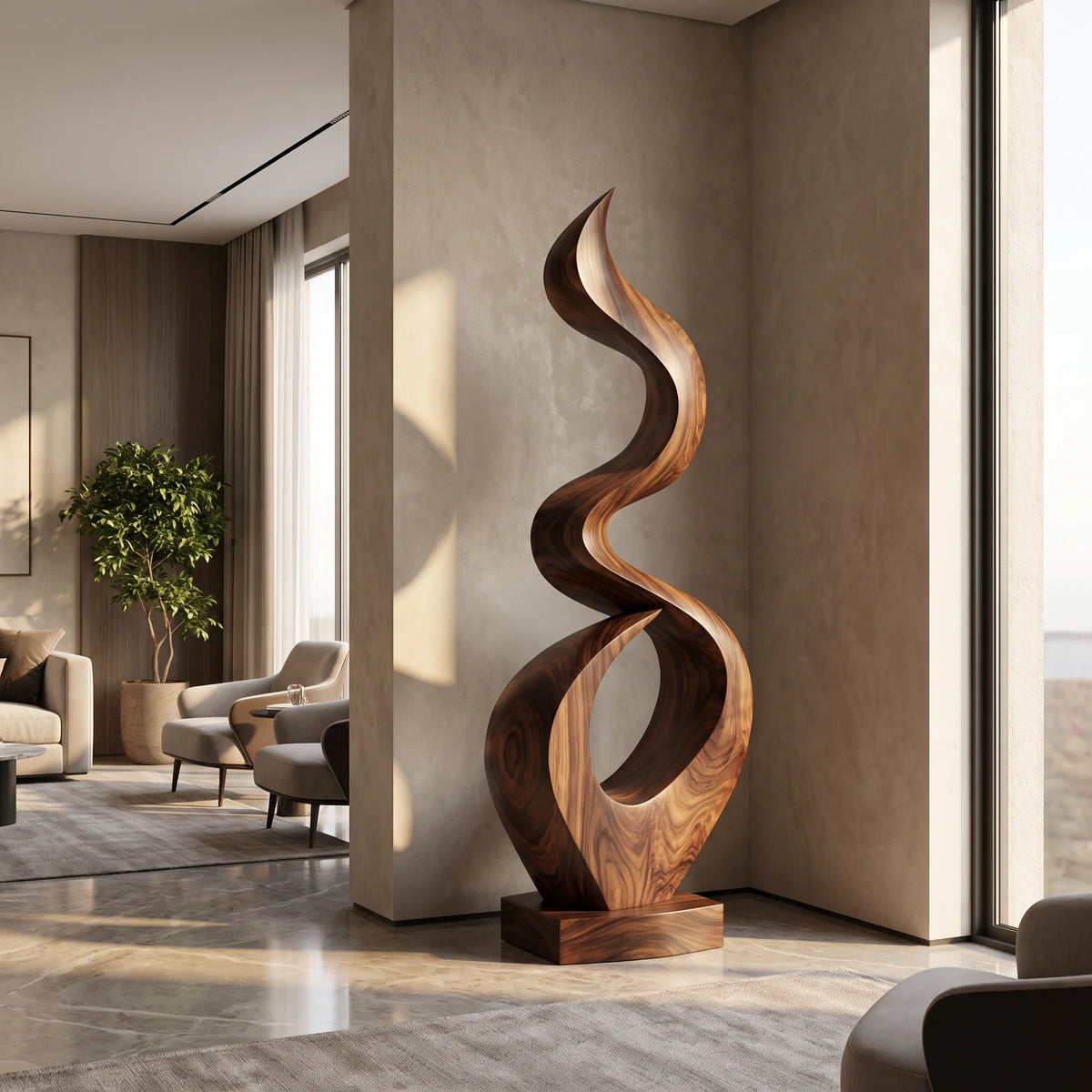 Outdoor Solid Wood Spiral Flame Sculpture – Modern Garden Art for Patios, Courtyards, and Landscapes