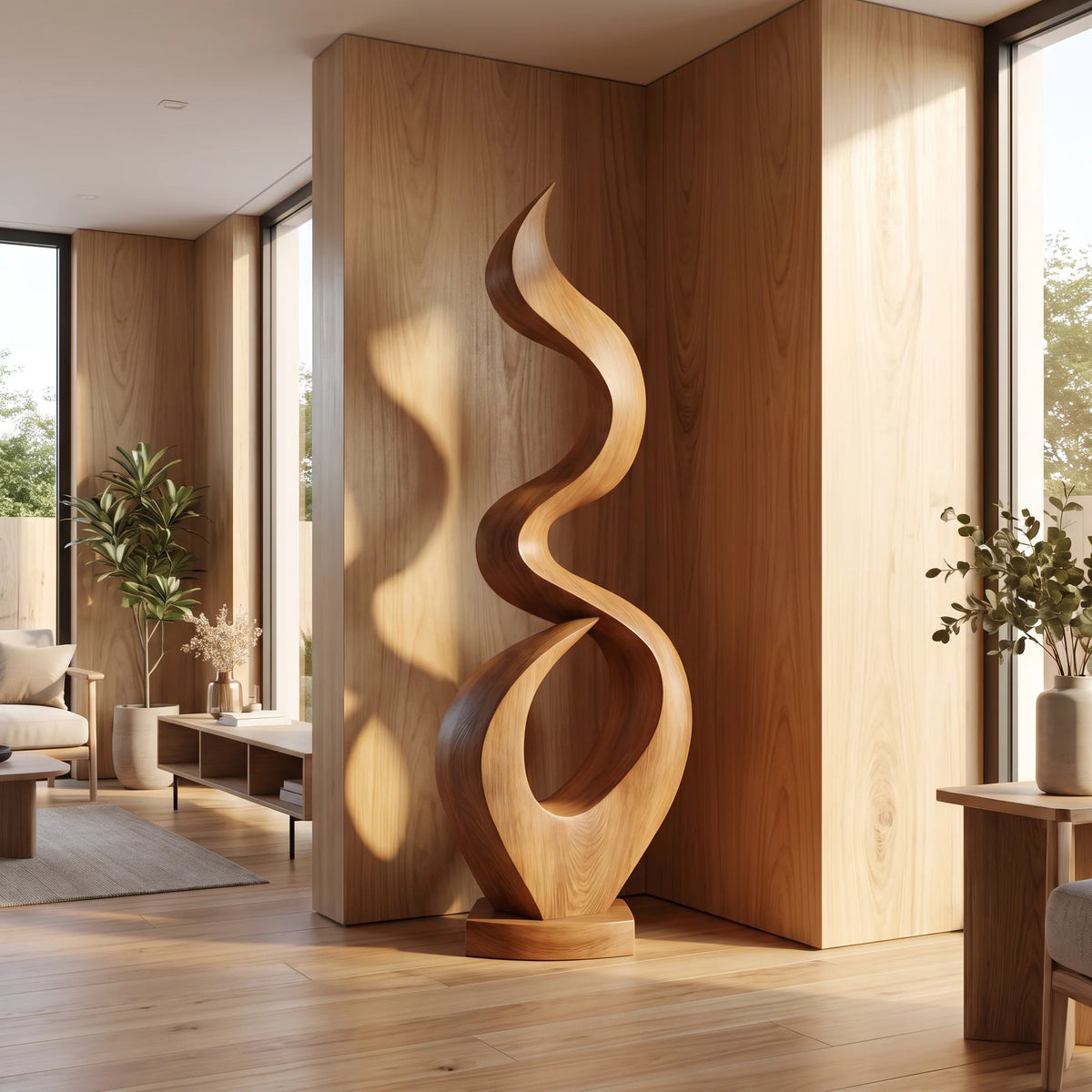Outdoor Solid Wood Spiral Flame Sculpture – Modern Garden Art for Patios, Courtyards, and Landscapes