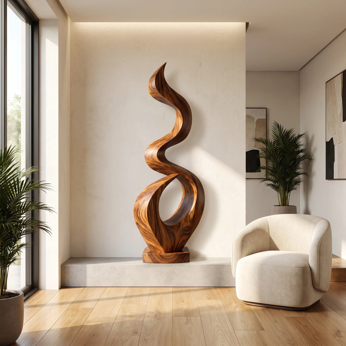 Outdoor Solid Wood Spiral Flame Sculpture – Modern Garden Art for Patios, Courtyards, and Landscapes
