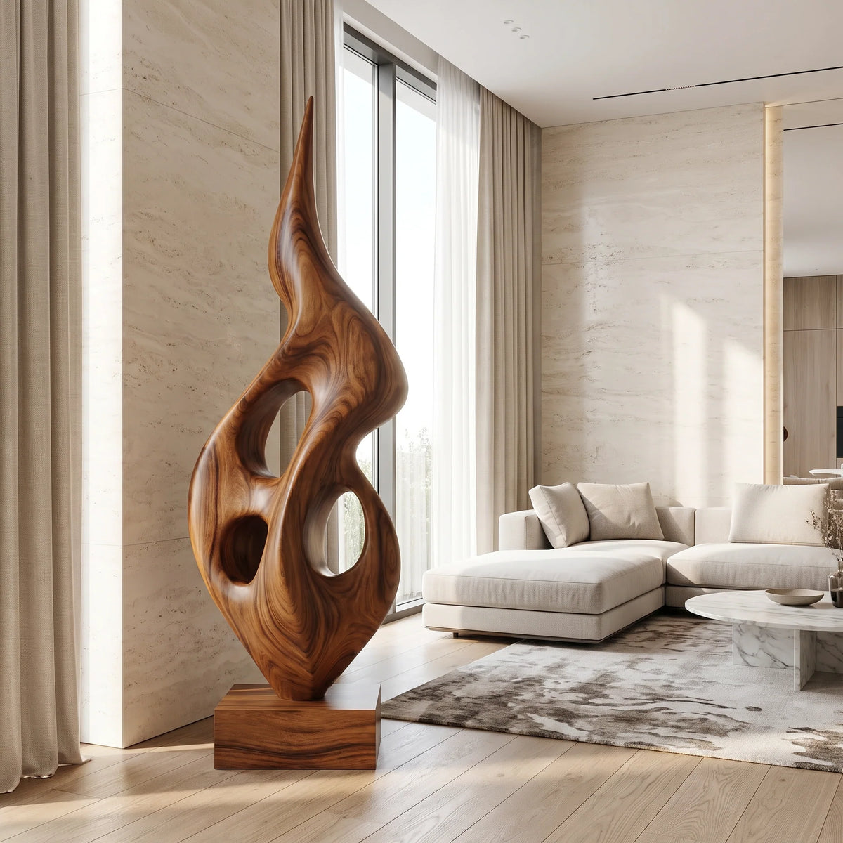 Tall Openwork Solid Wood Flame Sculpture with Plinth Base – Contemporary Statement Décor for Modern Living Rooms